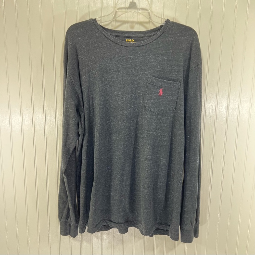 Polo Ralph Lauren Men’s Black Heather Long Sleeve Pocket Tee L Burgundy Pony